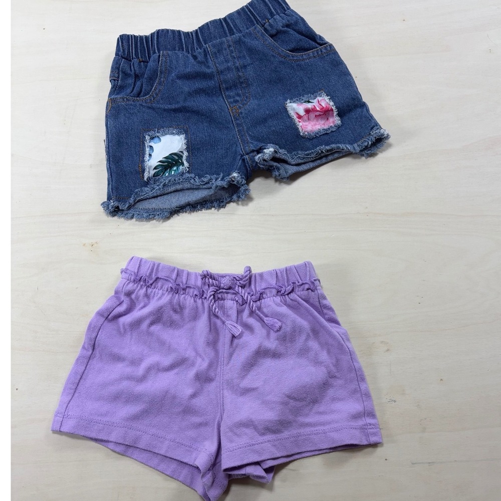 Toddler Girls Shorts Bundle Garanimals Purple Knit and Floral Patch Denim 18M